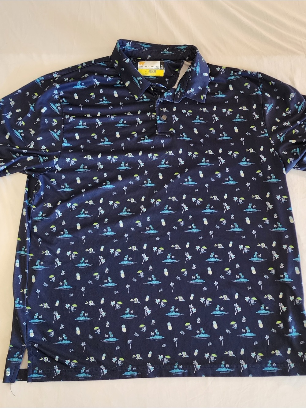 Men's Navy Blue Short-Sleeve Polo with Micro Tropical Print